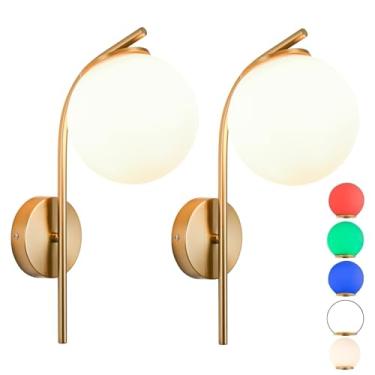 Imagem de Conjunto de 2 luminárias de parede operadas por bateria estilo americano, luzes de parede retrô com controle remoto, arandelas de parede sem fio com 6 cores RGB reguláveis. (com lâmpadas + controle