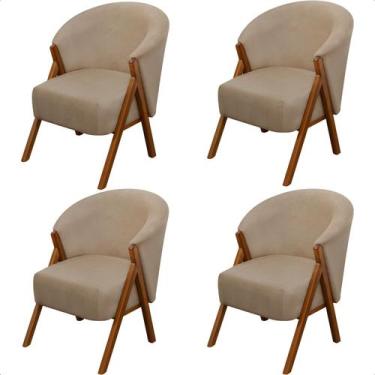 Imagem de Kit 4 Poltrona Sala Yumi Veludo Bege Pés Madeira Maciça Castanho - ARK