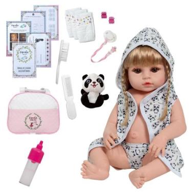 Imagem de Bebê Reborn Boneca Loira Roupão Pandinha Bolsa Acessórios - Cegonha Re