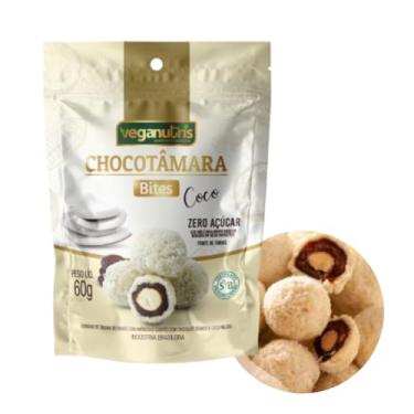 Imagem de BOMBOM VEGANO DE TÂMARA COM AMÊNDOA, CHOCOLATE BRANCO E COCO RALADO CHOCOTÂMARA BITES VEGANUTRIS 60G