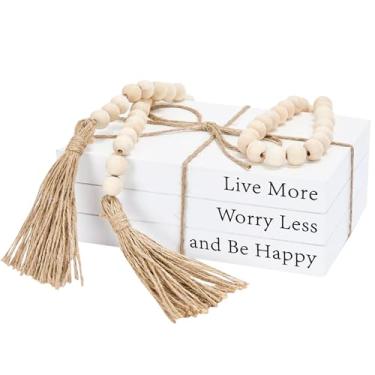 Imagem de Livros decorativos para decoração de casa, livros falsos brancos para decoração, livros de exibição empilhados de casa de fazenda rústica com guirlanda de contas de madeira de 132 cm para mesas de