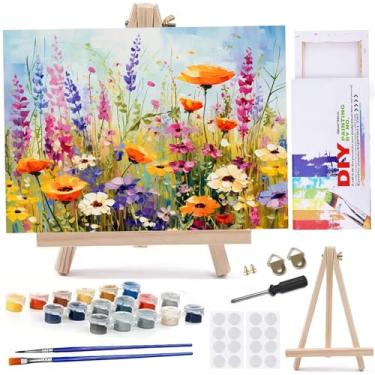 Imagem de MaiMMaledy Kit de pintura por números para adultos iniciantes imagens em tela com desenho emoldurado, pigmento acrílico com cavalete de triângulo de madeira, flores de primavera 20 x 30 cm C C