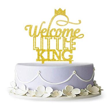Imagem de Topo de bolo Welcome Little King, King and Crown, Welcome Baby Cake Topper, Revelação de gravidez, revelação de gênero, decoração de chá de bebê (ouro)