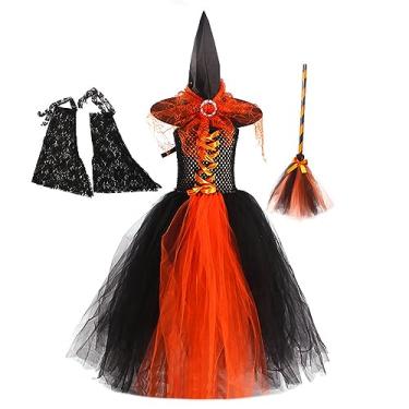 Imagem de IBAKOM Fantasia de bruxa para meninas, manga morcego, chapéu de bruxa, vassoura, vestido de bruxa assustador, roupas para cosplay de bruxa, Halloween, cosplay, Bruxa laranja (4 peças), 6-7 Anos