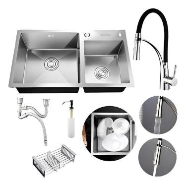 Imagem de Kit Cuba Dupla Cozinha Gourmet E Torneira Flexível Silicone