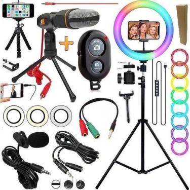 Imagem de Kit Tripé Profissional Pedestal 2,10m + Iluminador Ring Light Rgb Anel