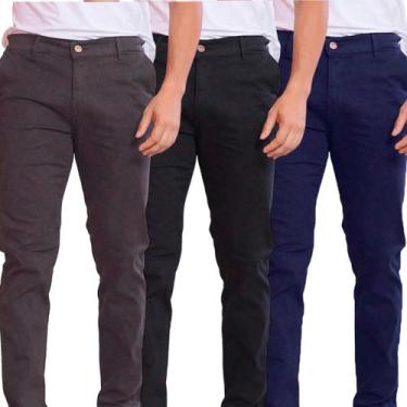 Imagem de Kit 3 Calças de Sarja Preto / Chumbo e Azul-Marinho  Corte Alfaiataria