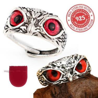 Imagem de Anel Prata 925 Coruja Sabedoria Olho Vermelho Ajustável - Pjk Store