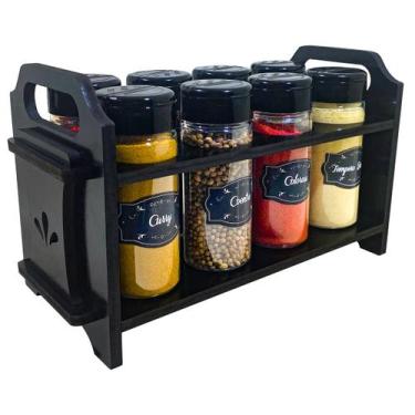 Imagem de Porta Temperos/Condimentos MDF kit 08 potes c/ Tampa Dosadora + Suport