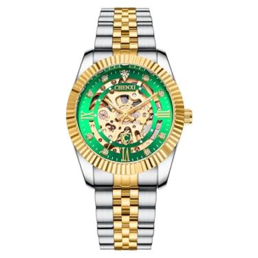 Imagem de Verhux Relógios masculinos esqueleto dourados, automáticos, luxuosos, realçados, mecânicos, de aço inoxidável, à prova d'água, charmosos, 8840 relógios masculinos de dois tons com mostrador verde