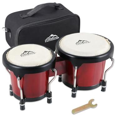 Imagem de EASTROCK Conjunto de bongôs bongô de 10 cm e 12,7 cm para adultos, crianças, iniciantes, profissionais, instrumentos de percussão de bateria de madeira e metal com chave de afinação (vermelho)