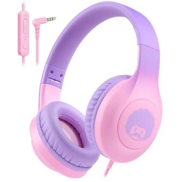 Imagem de rockpapa Fones de ouvido infantis, fones de ouvido com fio para crianças com microfone, limitador de volume de 85/94 dB, fones de ouvido dobráveis para tablet escolar, laptop, roxo, rosa