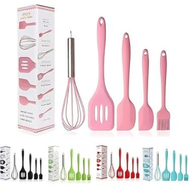 Imagem de Kit com 5 Utensílios de Cozinha Colheres Espátulas Pincel Fouet de Silicone Não Arranha Panela Altas Tempretraturas Resistente ao Calor Conjunto Livre de BPA (Rosa)