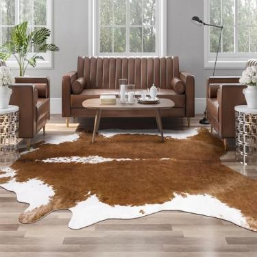 Imagem de AROGAN Tapetes de área de couro sintético 8x10 para sala de estar, pele de animal tapete de pele de vaca para quarto, decoração legal de Natal ocidental, tapetes de couro fino de couro de couro para lareira, marrom