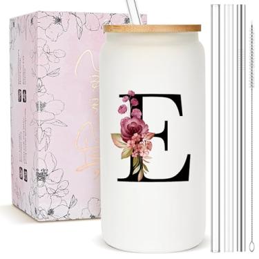 Imagem de Presentes personalizados para mulheres, copo de vidro fosco monograma com canudo e tampa, caneca personalizada fofa, copos de café gelado com inicial personalizada, copo de bebida personalizável,