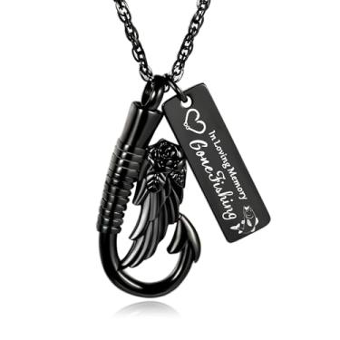 Imagem de Colar de anzol de pesca para cinzas, urna de anzol, colar com pingente memorial de asa de anjo joia de cremação, Aço inoxidável, Sem Pedra Preciosa