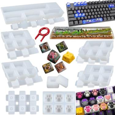 Imagem de Conjunto de moldes de fundição de resina epóxi para teclado mecânico de jogos, artesanato de argila de polímero, 7 bandejas de silicone com extrator de chave
