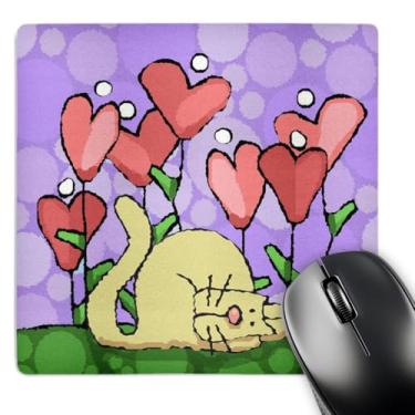 Imagem de 3dRose LLC Mouse pad 20,3 x 20,3 x 0,63 cm, jardim de flor de coração com gato em fundo roxo (mp_37499_1)