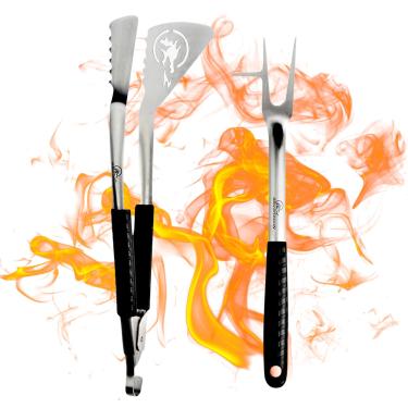 Imagem de Conjunto de utensílios de churrasco de dragão de churrasco – pinças de grelha, espátula, garfo, nadador de rabo de porco, combinado com 2 acessórios de churrasco para churrasco, conjunto de ferramentas de grelha resistentes