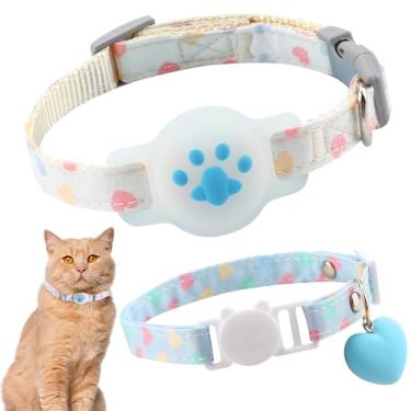 Imagem de 2 coleiras para gatos compatíveis com Airtag, Blue Breakaway Luminoso e Coração de Liberação Rápida Fivela Segura Acessórios para Gatos, Suporte de Rastreador GPS Leve Ajustável para Gatos e Gatinhos