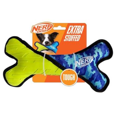 Imagem de Nerf Dog Brinquedo de borracha para cães Tuff de 28 cm – Nylon Plush Bone Poly Filled Horizontal – Verde/Azul