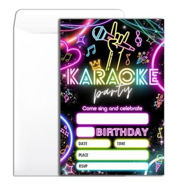 Imagem de Convite de festa de aniversário de karaokê 20 convite de aniversário retrô neon para festa com envelopes para mulheres, homens, meninos, meninas, cartões de convite de festa -4 × 6 polegadas -B007