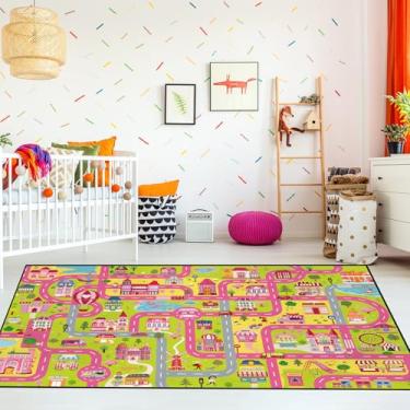 Imagem de Tinideya Tapete infantil rosa tapete grande 1,8 x 2,7 m carro sala de jogos antiderrapante lavável tapete infantil área educacional tapete infantil brincar para quarto, sala de aula, berçário