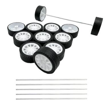 Imagem de 12PCS Toy Car Wheels 30mm Model Car Rubber Tire Wheels with 6PCS Shaft Round Axles for for RC Car Truck Robot DIY Model Toy Building Project Accessories (White)