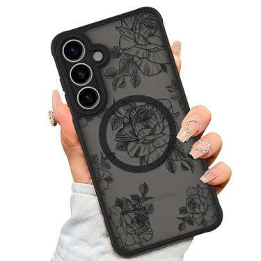 Imagem de AIGOMARA Capa para Samsung Galaxy S25 [compatível com MagSafe] Capa com estampa floral de flor preta para mulheres e meninas capa magnética fina protetora de policarbonato rígido antiqueda à prova de