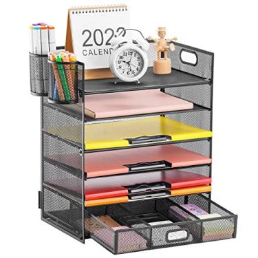 Imagem de Lavatino 6 Tray Desk Organizer with Drawer, Mesh Paper Letter Tray Organizer with Handle and 2 Pen Holder, Desktop File Organizer and Storage for Letter/A4 Office File Folder