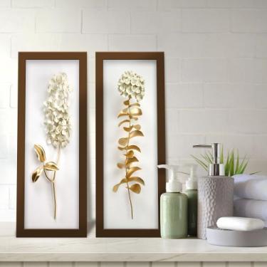 Imagem de Kit 2 Quadros Decorativos Lavabo Ramos de Flor Efeito 3D Dourado Branc