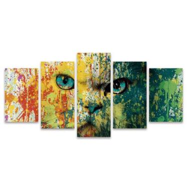 Imagem de Kit Quadros Mosaico Sala Quarto Colorido Tinta Gato Persa Verde Laranj