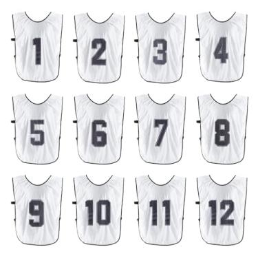 Imagem de PATIKIL Colete de treinamento de futebol, pacote com 12 pinnies esportivos de equipe, reversível, numerado, pennies para treino de futebol, babadores com cinto para adultos, 71 cm, branco, Branco, 28"