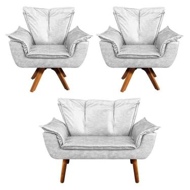 Imagem de Kit 01 Namoradeira E 02 Poltronas Giratória Opala Corano Base Madeira Mm30 D\`rossi Branco