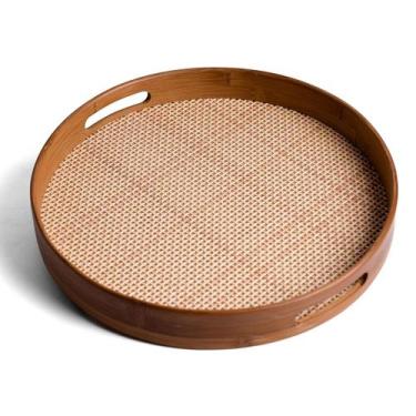 Imagem de Bandeja redonda de bambu 35cm com alça palha xadrez multiuso - Oikos, 