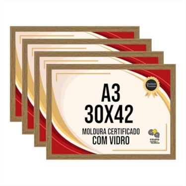 Imagem de Kit com 4 Molduras 30x42 cm - Tamanho A3 - Moldura Revestida com Vidro - Moldura para Parede, Poster, Fotografia, Fotos, etc. (Freijó)