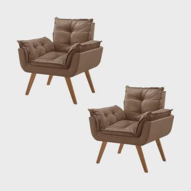 Imagem de Kit 2 Poltronas em Veludo Base Palito Quadrada Opalla Prime Marrom/Marrom
