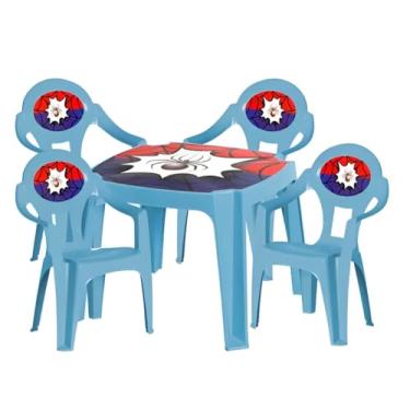 Imagem de Mesa Infantil com 4 Cadeiras, Conjunto Plástico Rosa com Tema de Fadas, para Crianças (Azul Aranha)