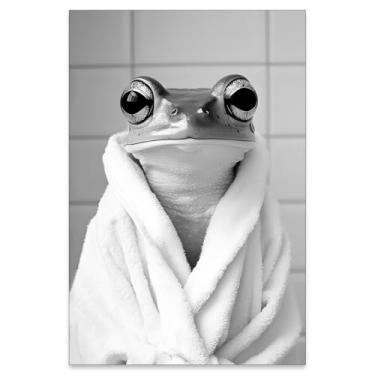 Imagem de Arte engraçada de parede de banheiro sapo preto e branco pôsteres sapo vestindo um roupão de banho imagem de animal fofo decoração de quarto kawaii estética para banheiro banheiro 30 x 40 cm sem
