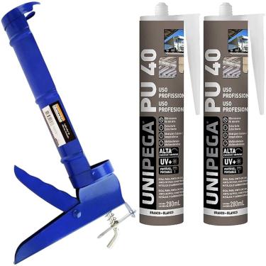 Imagem de Kit Aplicador de Silicone Fechado + 2 Cola Adesivo Selante PU 40 Branco 400g Unipega Construção e Vedação