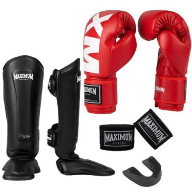 Imagem de Kit Luva Muay Thai Mxm Red + Caneleira Muay Thai Black + Bandagem + Pr