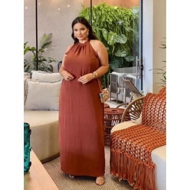 Imagem de Vestido Longo Marrom Boho Frente Única Faixa Amarração Festa Casamento