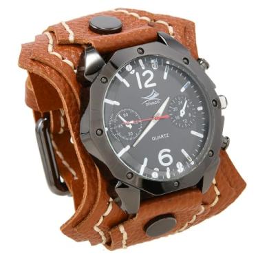 Imagem de MINILUJIA Relógios masculinos feitos à mão com corda de cera costurada vintage punk hip-hop gótico largo couro macio genuíno relógio de pulso personalizado mostrador quadrado bronze, Marrom claro