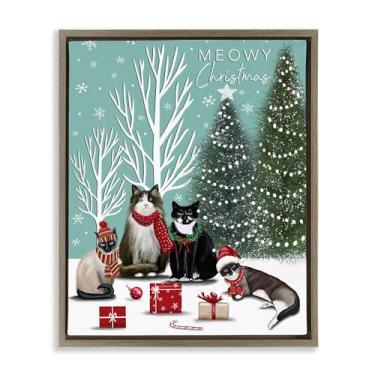 Imagem de Stupell Industries Arte de parede em tela flutuante marrom com paisagem festiva de gatos de inverno, design de Elizabeth Tyndall, 64 x 78 cm