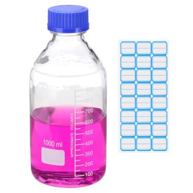 Imagem de PATIKIL Garrafas redondas de armazenamento de mídia, garrafas redondas graduadas de vidro espesso de 1000 ml com tampa de rosca azul GL45 para líquidos reagentes de água de laboratório, transparente