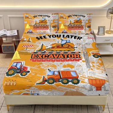 Imagem de AILONEN Jogo de lençol solteiro com desenho de caminhão de construção, caminhão, escavadeira, trator, caminhão, para decoração de quarto, 1 lençol com elástico e 2 fronhas, 3 peças