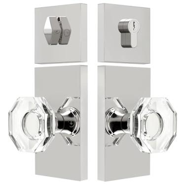 Imagem de SHINY HANDLES Conjunto de fechadura de porta externa de cristal, maçaneta de porta de vidro octogonal com fechadura de cilindro único, fechaduras de entrada com chave semelhante, cromado polido