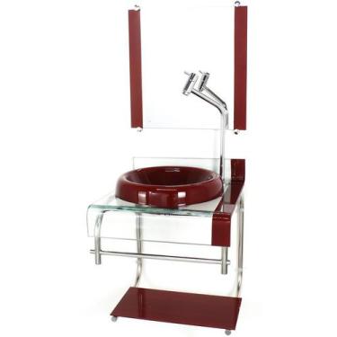 Imagem de Gabinete de vidro 40cm para banheiro curvado duplo inox cuba chapéu ve