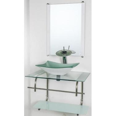 Imagem de Gabinete De Vidro Banheiro Inox 70Cm Cuba Retangular Branco - Cubas E 