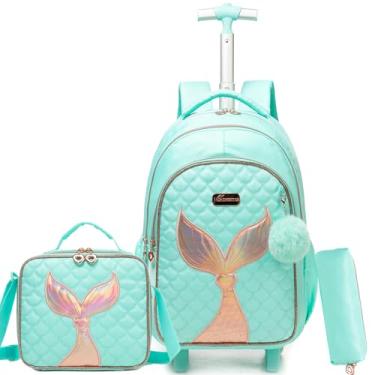 Imagem de ZBAOGTW Mochila de rodinhas para crianças com rodas, mochilas de viagem para crianças, 3 peças, mochila para meninas e meninos com lancheira, Verde sereia